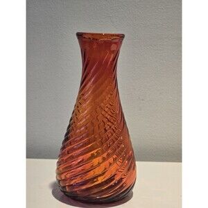 Vintage Amberina Swirl Art Glass Vase Red Orange Twisted Ribbed MCM Viking Style